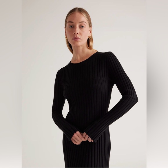 Quince Cotton Cashmere Ribbed Long Sleeve Crew Midi Dress - Picture 1 of 7